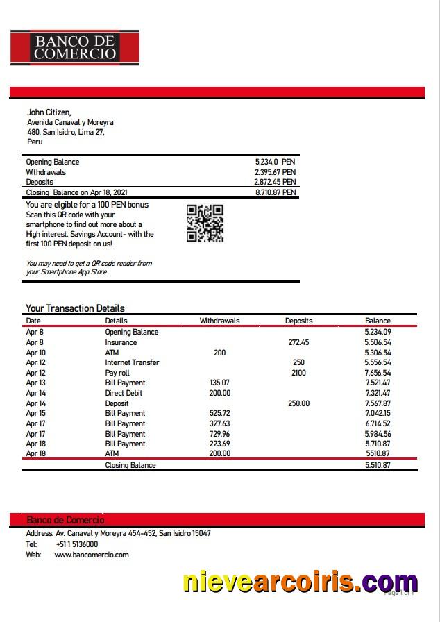 Peru Banco de Comercio bank statement